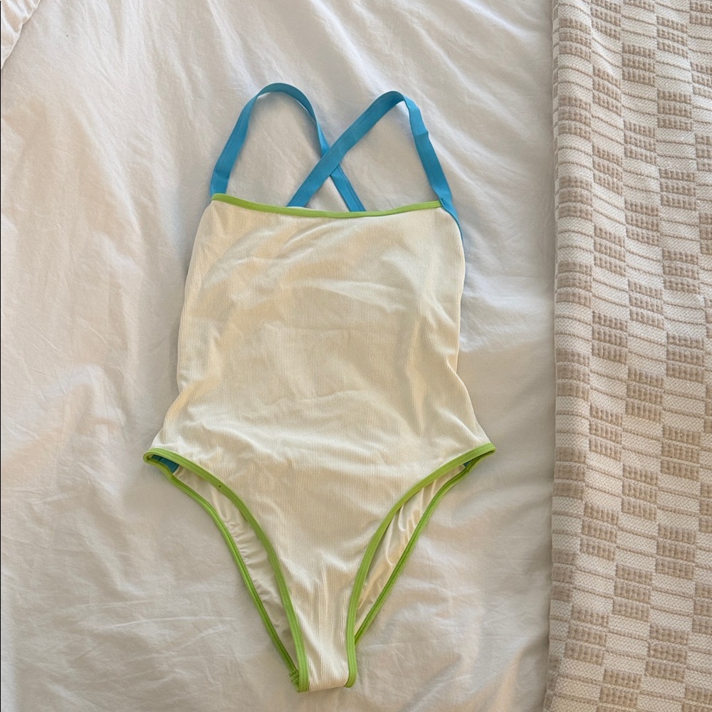 L*Space Cream One-Piece with Blue and Green Highlights